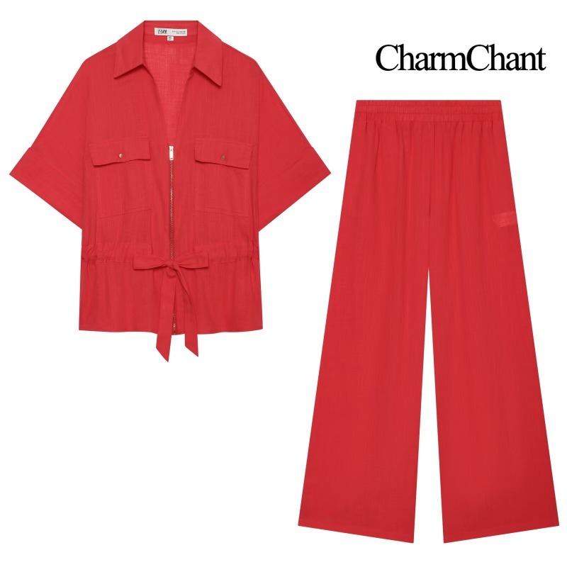 Short Linen Drawstring - CHARMCHANT Damen Zweiteiler aus Leinenmischgewebe, Hemd