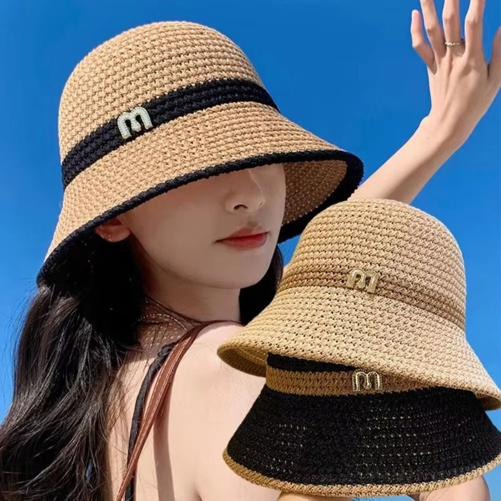 Bucket Hat Straw - Atmungsaktiver, eleganter Fischerhut mit Schleife, faltbar,