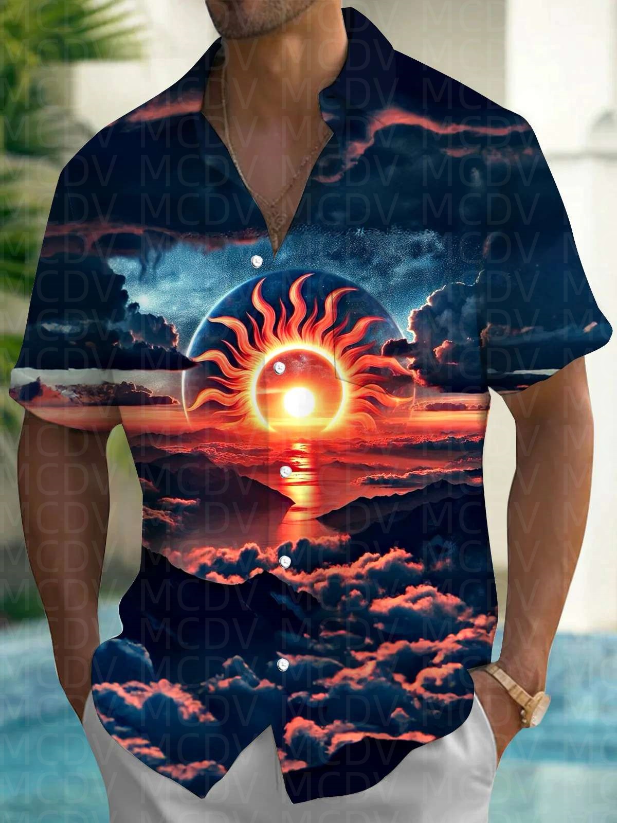 Shirt Camp Collar - Sonnenmuster-Stil Herren Hawaiihemd Dehnbares Pflegeleichtes Camp-Hemd