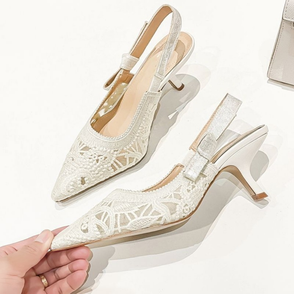 Casual Sandal Leather - Echte Leder High-Heel-Sandalen mit Stoffstickerei Weiße