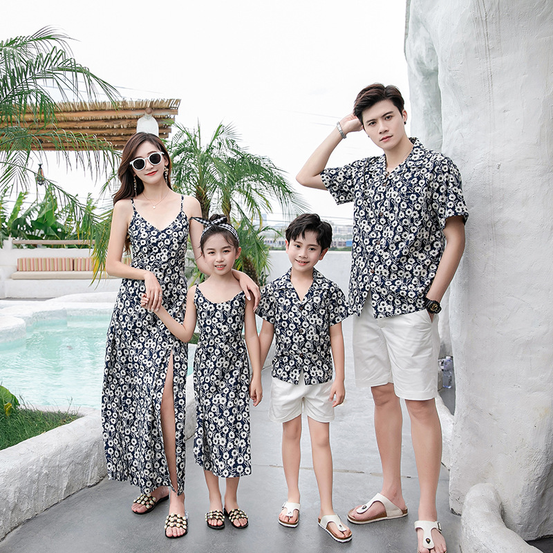 Resort Shirt Floral - Familien-Partnerlook: Blumenmuster-Cami-Maxikleid für Mutter und Tochter,