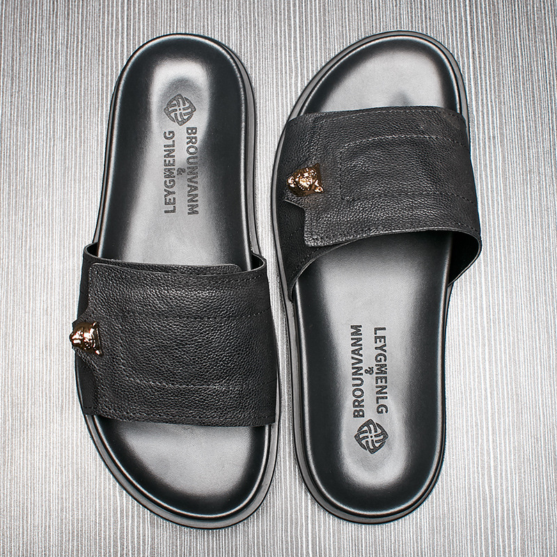 Flip Flop Leather Men - 2025 neue Echtes Leder Hausschuhe Metall