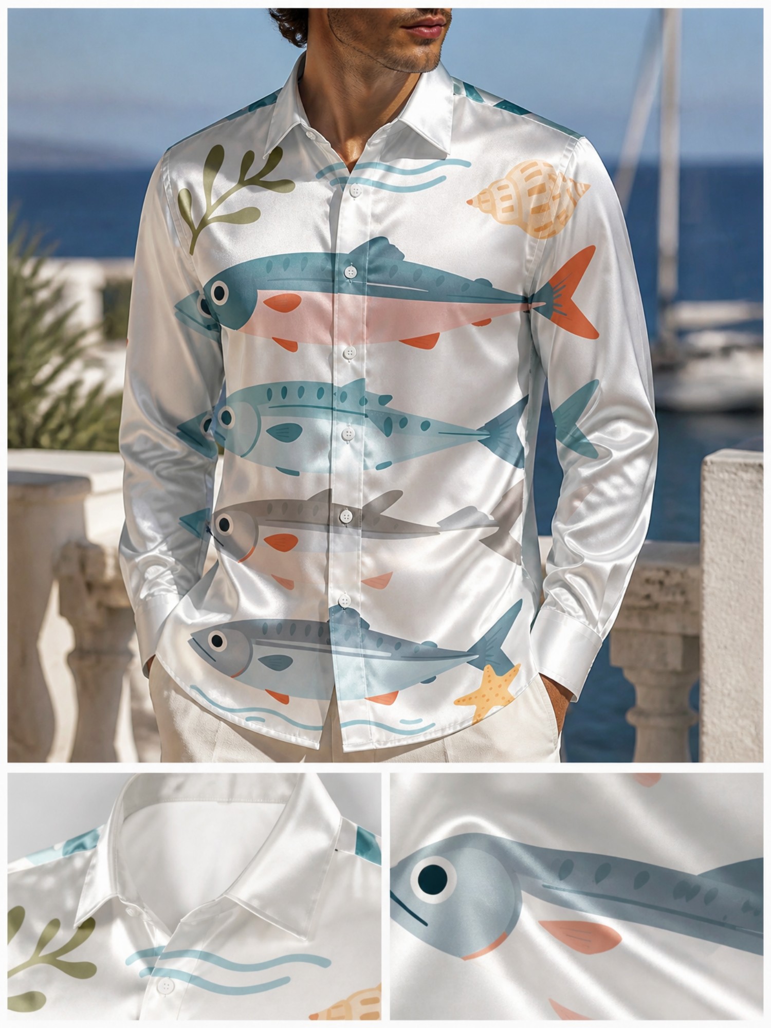 Resort Shirt Floral - Herren Luxus Satin Langarm-Hemd mit Kragen