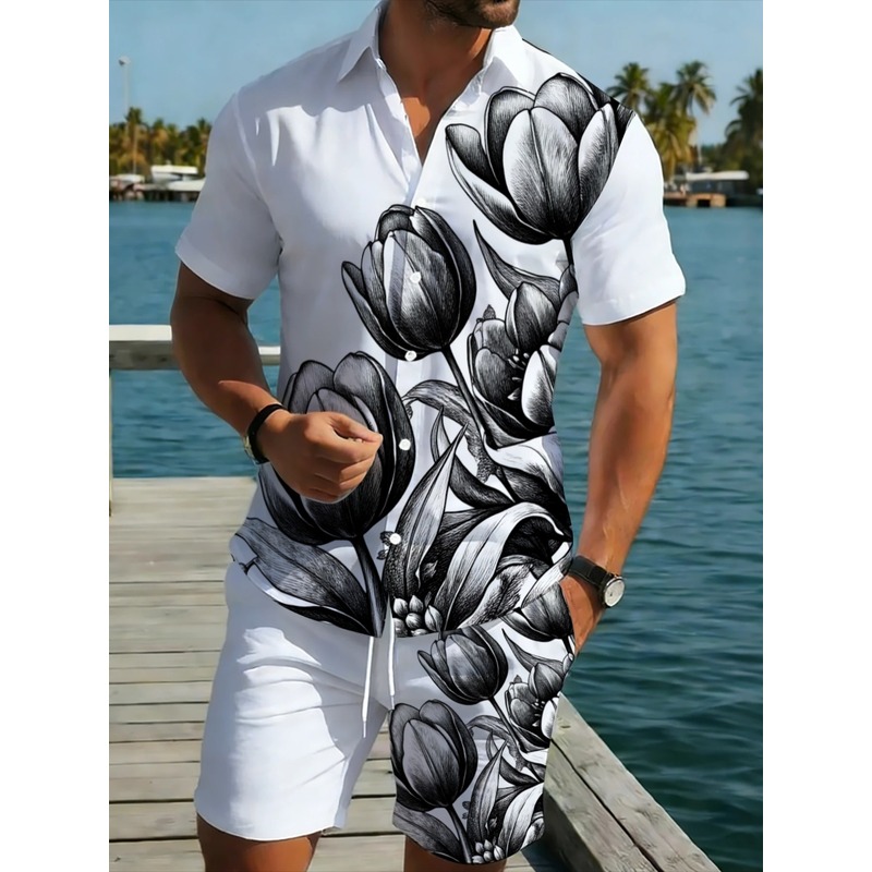 Resort Shirt Floral - Herren-Set aus weißem Hemd mit Blumenmuster