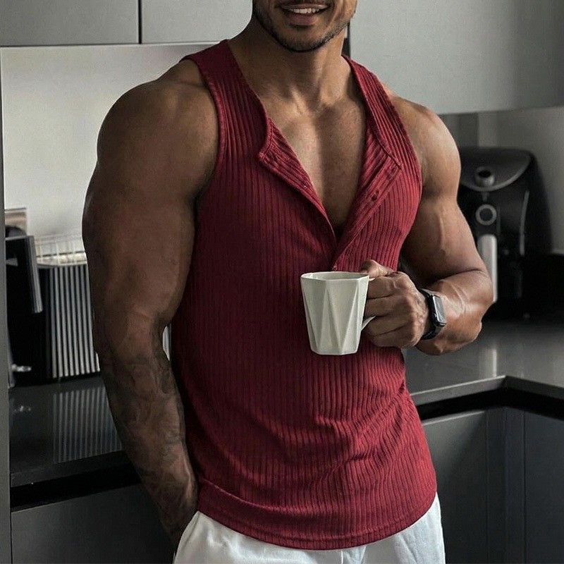 Tank Top Muscle - Sportliches Tanktop Einfarbig Rundhalsausschnitt Knopfleiste Vorderseite