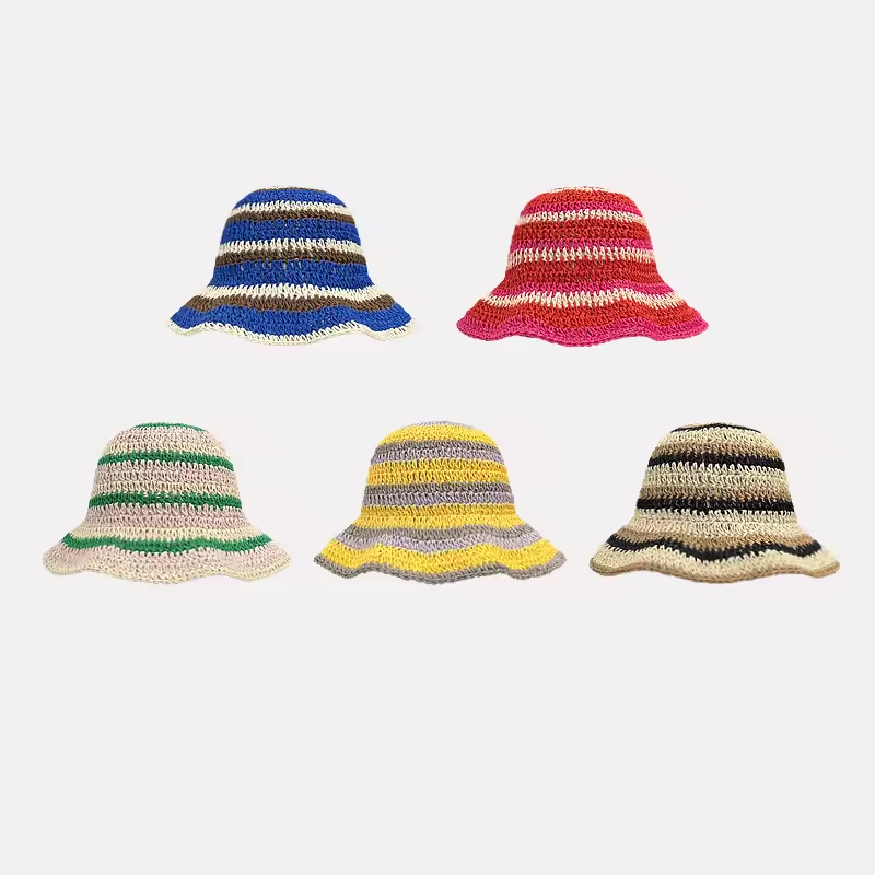 Neue gestreifte gestrickte Str – Bucket Hat Straw Bewertung und Preis